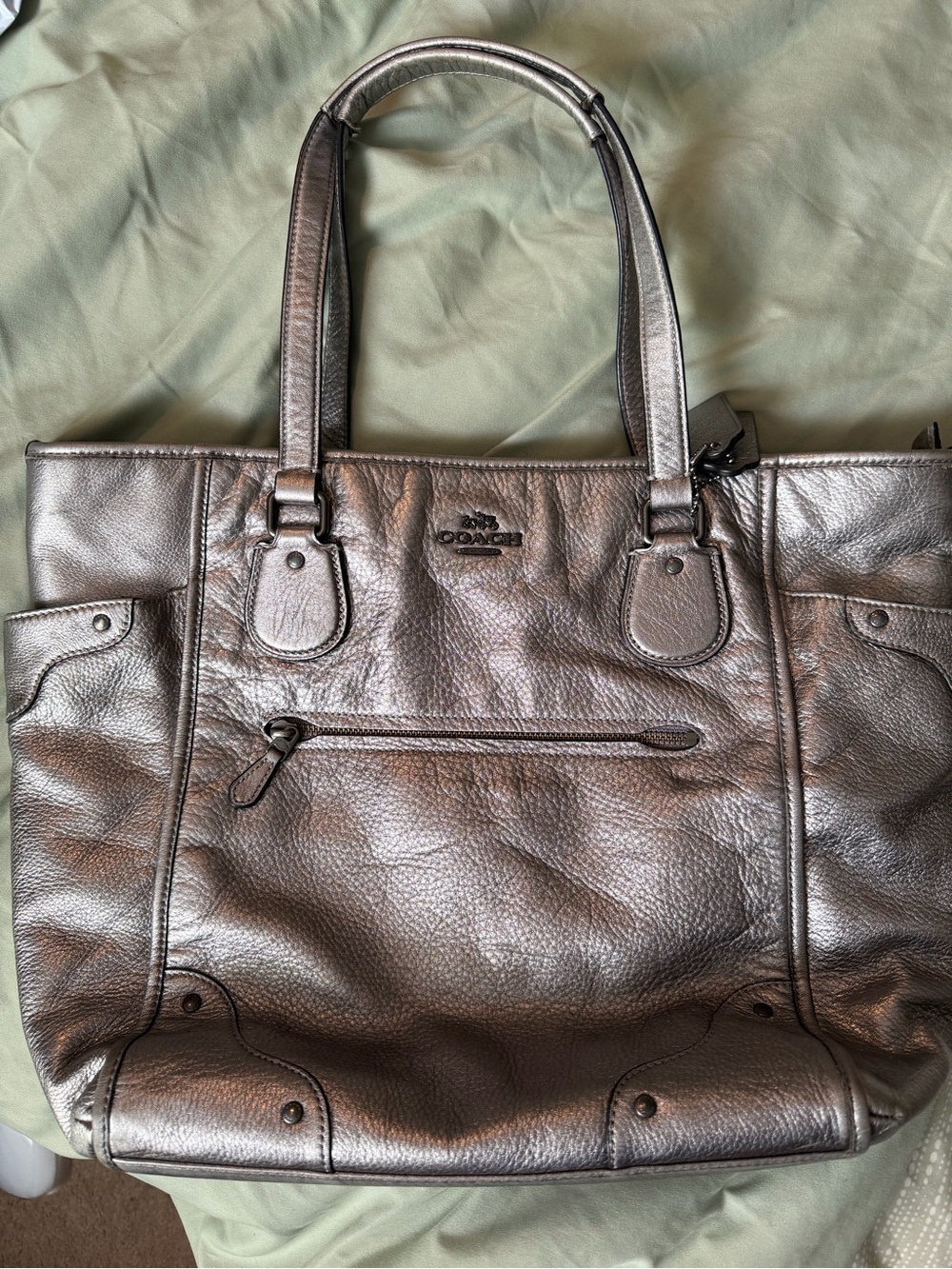Coach Women's Metallic Silver Leather Tote Bag